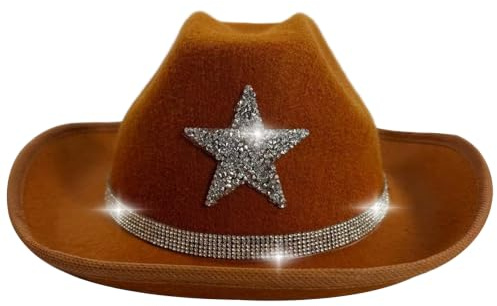 Bemonew Mädchen Cowboyhut Cowboyhut für Kinder, Strass Stern Klassische Westernmütze für Karneval & Strandpartys, Braun