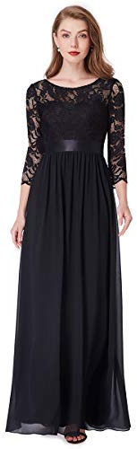 Ever-Pretty Vestito Donna Elegante Cerimonia 3/4 Manich Stile Impero Maxi Linea ad A Pizzo Chiffon Abiti da Damigella Nero 46