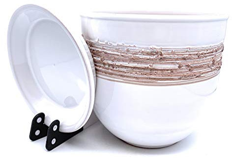 Sun Cakes Pot de Fleurs Rond en Terre Cuite émaillée avec Soucoupe et Plateau d'égouttement - Couleur Argile - Rayé (14 cm x 12 cm, Blanc/Marron)