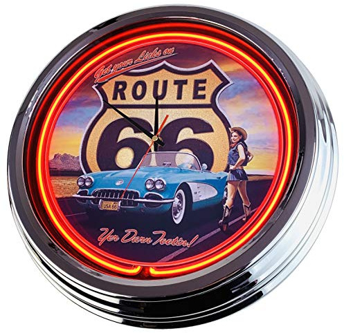 US-Way.de Route 66 WallClock Deko-Clock – 44 cm Durchmesser, Deko-Wanduhr ohne Tickgeräusche und gut lesbares Display, USA 50er-Jahre-Stil Neon-Uhr für Küche, Büro (Orange)