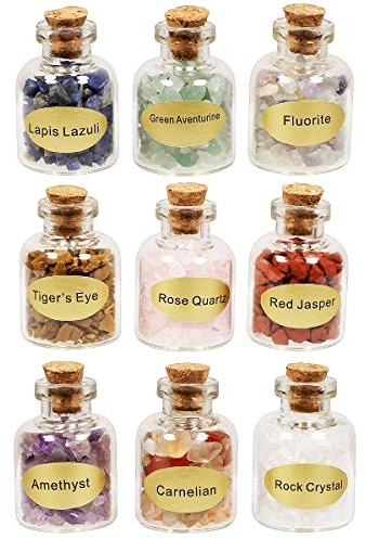 KYEYGWO Reiki Wicca Stein Wunschflasche Set, 9 Stück Mini Kristall Glasflaschen mit Trommelstein, Edelstein Wünschen Flaschen für Decoration Glücksbringer Amulett