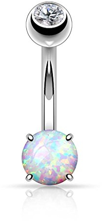 Taffstyle Bauchnabelpiercing 14 Karat Echt Gold Stab Piercing Bauch Bauchnabel Stecker Kugel Perle mit Glitter Glitzer Opal Stein Anhänger Kurz Einfach Weißgold