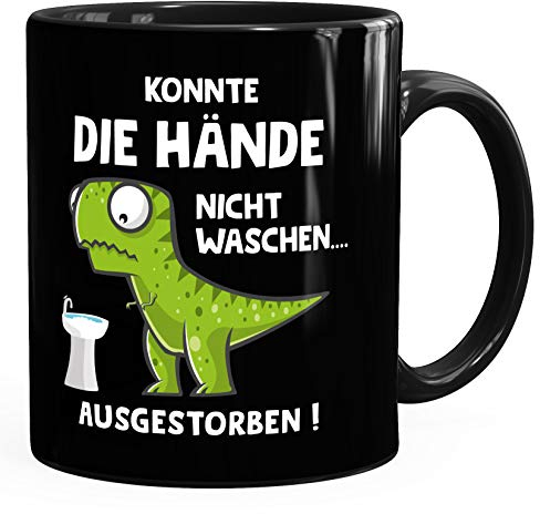 MoonWorks® Kaffee-Tasse Corona Dinosaurier Hände waschen T-Rex Ironie Spruch Bürotasse lustige Kaffeebecher schwarz Keramik-Tasse