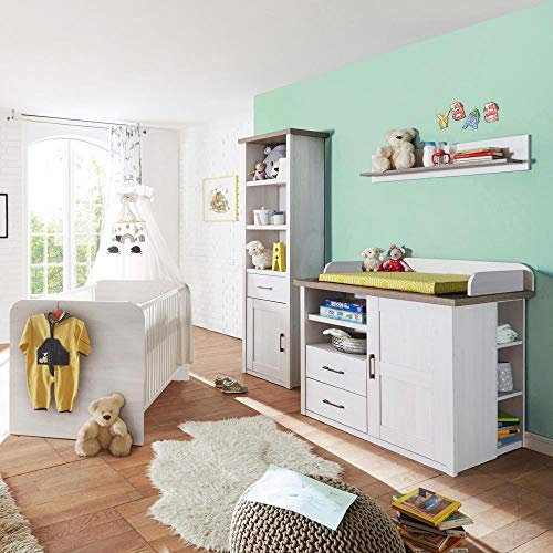 Lomadox Babymöbel Set Landhausstil Pinie weiß Nb./Trüffel Eiche Nb.