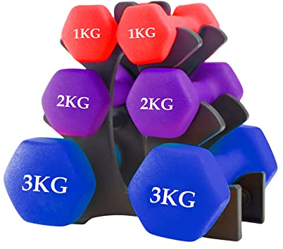 unycos - Kurzhanteln Neopren 6er Set von 1 kg, 2 kg und 3 kg, Rutschfest, Anti-Roll-Design, Bequemer Griff, Krafttraining, Fitness, Pilates, Training, Fitnessstudio, Gymnastikhanteln (Mehrfarbig)