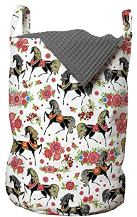 ABAKUHAUS Pferde Wäschesack, Abstract Floral Stallion, Wäschekorb mit Griffen Kordelzugverschluss für Waschsalons, 33 cm breit x 49 cm hoch, Mehrfarbig