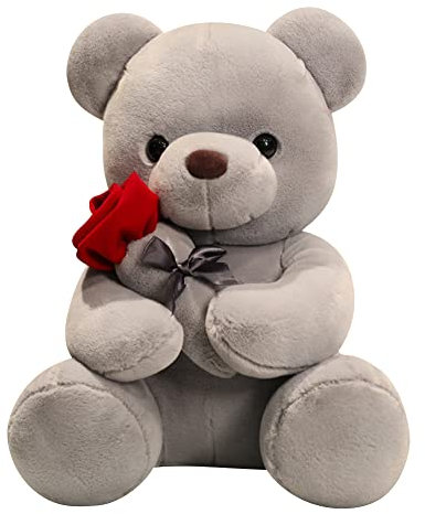 ikasus Peluche Douce Nounours - 23 Cm Ours avec Rose - Ourson Doudou de Companie Decoratif pour Cadeau Noël Danniversaire La Saint Valentin - Blanche