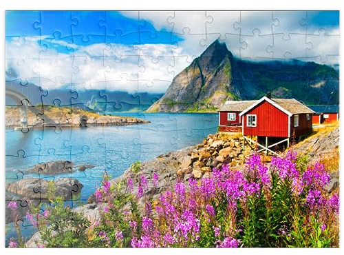 MyPuzzle Typische rote Fischerhäuser in einem Hafen auf den Lofoten, Norwegen - Premium 100 Teile Puzzle - MyPuzzle Sonderkollektion von Puzzle Galaxy