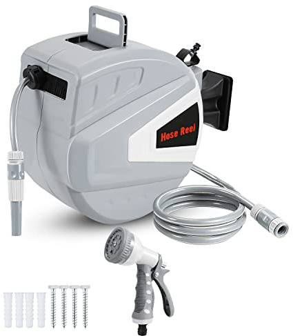 Izrielar Schlauchtrommel 30m+2m mit Handbrause und Gartenschlauch, Schlauchaufroller Automatisches Aufrollen, 180° Schwenkbügel, Beliebige Länge Sperre, Wand-Schlauchbox (Grau)