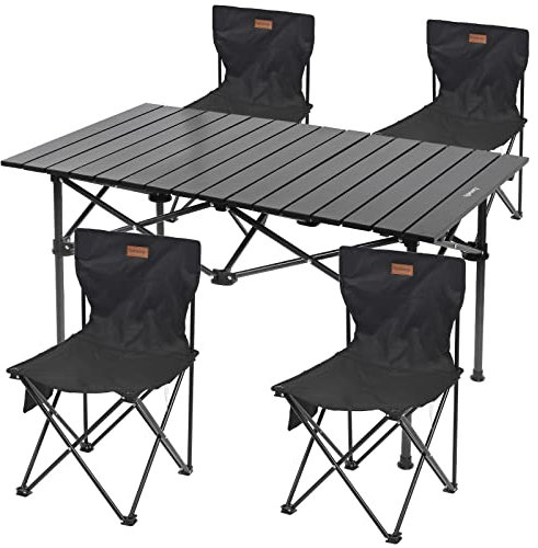 Rainberg Foldable Camping Table Set with 4 Chair, Outdoor Indoor Use for BBQ, Picnic, Garden Parties, Foldable Portable Design. (Big Table with 4 Chairs, Black)