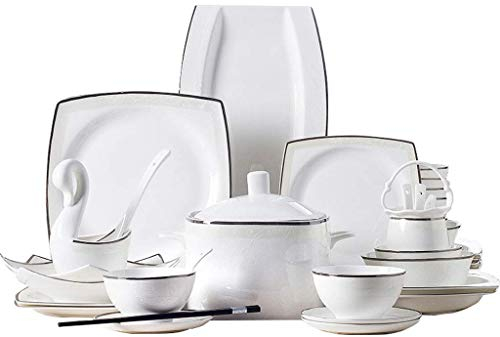 Ceramic Dinner Plate Dinner Set Ivory White Porcelain Square Dinner Set, Cereal and Soup Bowls, Plates, Bowls, Black Rim Ceramic Fluted Bowl Set, Bowl (60 Pieces)