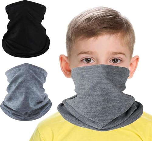 CYYMNA tubhalsduk för barn, 2 stycken halsdukar för barn, slinga halsduk fleece tubhalsduk varm halsvärmare vindtät skidmask, svart och grå, L