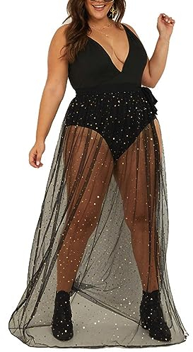 Glitzer Rock Damen Lang Durchsichtig, Mesh Rock Festival, Schwarzer Langer Tüllrock XL, Netzrock Strand, Bikini Cover Up, Maxirock mit Schlitz für Sommer Party Halloween Weihnachten