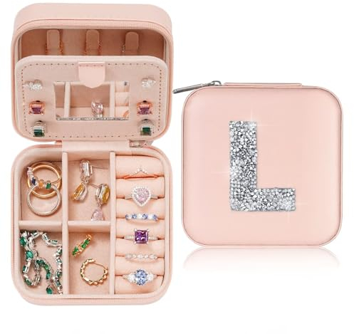 TINGN Schmuckkasten Damen Reise Schmuckkästchen mit Namen Initiale L Schmuckkästchen Kleine Schmuckkästchen für Damen Mädchen Geschenk für Geburtstage Weihnachten Muttertag Hochzeit