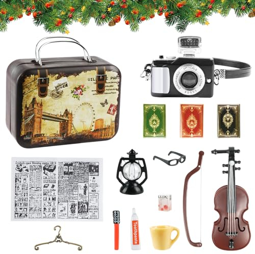 Aolso Miniatur Puppenhaus Zubehör, 14Pcs Miniatur Vintage Deko, Puppenhaus-Kamera-Zubehör-Set, Wichteltür Zubehör mit Geige Bücher Brillen Kleiderbügel Kamera DIY Dekor Geschenk für Puppenhaus