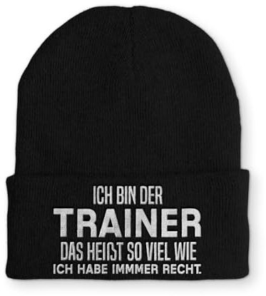tshirtladen Spruchmütze Strickmütze Ich Bin der Trainer Mütze Wintermütze lustige Beanie mit Stick, Farbe: Black