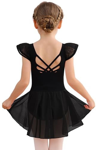 MdnMd Girls Dance Ballet Leotards Dresses for Toddler Ballerina Outfit Skirt Hollow Knot Back Flutter Sleeve (Black, 4-6 Years)
