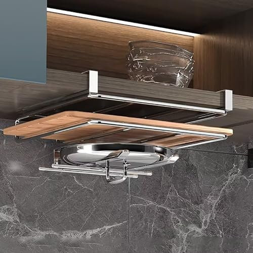 Under Shelf Storage - Hanging Stainless Steel Chopping Board Rack Holder, Cupboard Storage Organiser for Kitchen Cabinet, Pantry, Closet - Silver, B