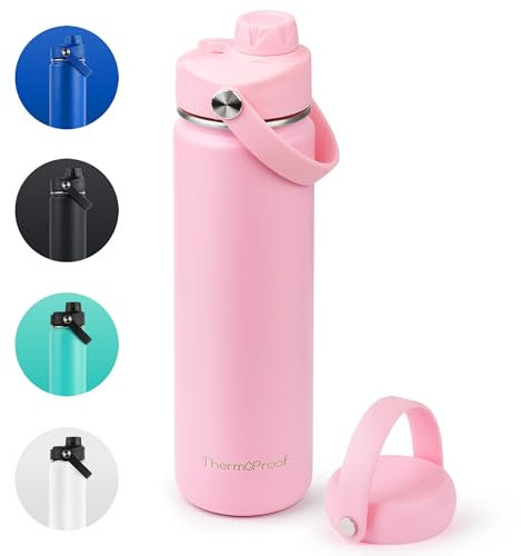 ThermoProof Double-Walled Vacuum Insulated Stainless Steel Water Bottle - Wide Mouth with Chug & Spout Lids, Dishwasher Safe, Reusable, Leakproof, Hot & Cold for Men, Women & Kids - 22oz, Pink