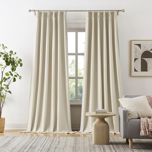 Linen Blackout Curtains 104 Inch Long 2 Panels, Ceiling Mount Track Curtains Back Tab Double Pinch Pleated Hooks Neutral Farmhouse Drapes for Sliding Glass Patio Doors, W40xL104 Natural Birch