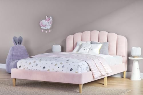 Flair Furnishings - Scallop Wooden Double Bed Frame with Headboard, Velvet Bed Frame, Double Bed with Whimsical Charm, Elegant and Refined (Pink Velvet)