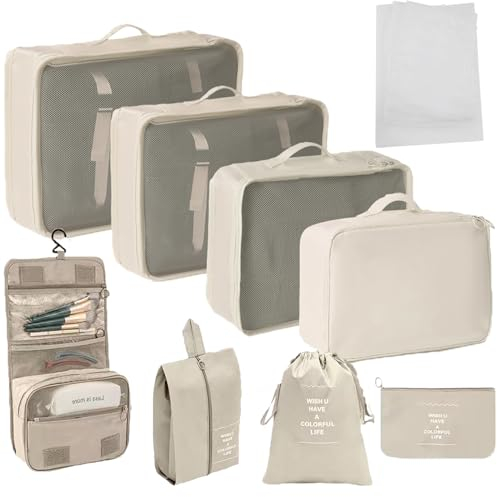 Giznzg 13 Teilige Packing Cubes, Koffer Organizer, Reise Organizer Set Mit Schuhtasche, Kosmetik Tasche, Kleidung Tasche, Zubehör Taschen für Reise Gepäck Organizer Frauen Männer (Beige)