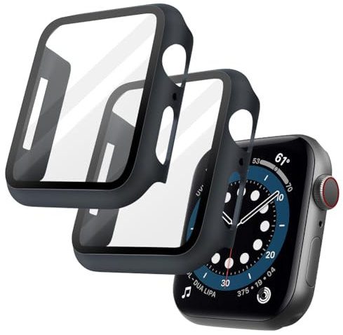 OFFCUP 2 Pezzi Cover per Apple Watch Series 6 / SE/Series 5 / Series 4, 44mm con Vetro Temperato, Copertura Completa Custodia Rigida HD Clear Pellicola Protettiva (Blu Notte)