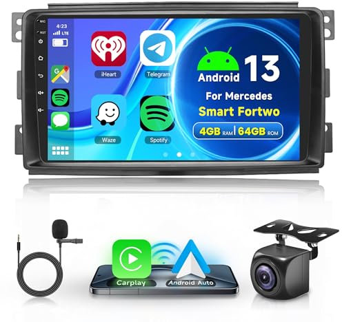 4G+64G Wireless Carplay Android 13 Autoradio 2 Din für Mercedes Benz Smart Fortwo 451 2005-2010 mit Android Auto Navi GPS WiFi 9 Zoll Autoradio mit Mirror Link Bluetooth FM/RDS/DAB/SWC Rückfahrkamera