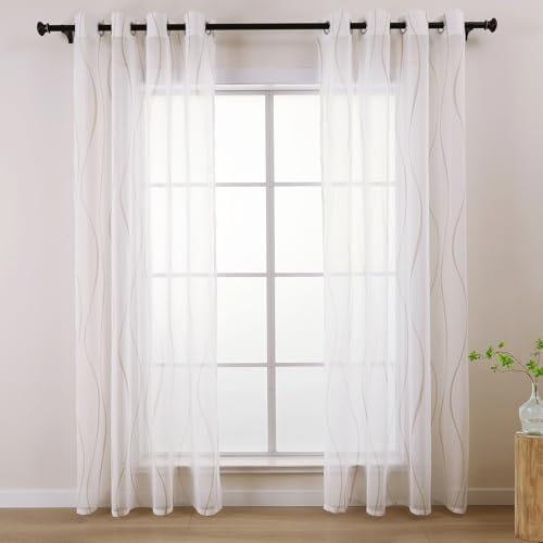 L.Z.E Vorhang Weiss Beige für Wohnzimmer Fenster, Gardine Weiß Sand mit Ösen Kurz, Transparent Gardinen Vorhänge für Schlafzimmer Küche, 2er Set Leinenoptik Ösenvorhang Modern 145 cm (LZE2221E-BG145)