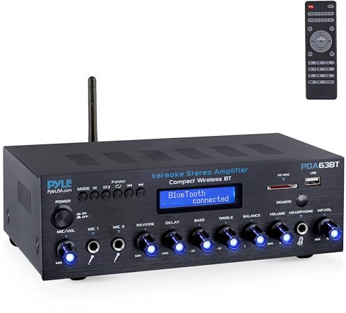 Pyle Amplificatore Audio Stereo Wireless BT, Multi Canale, 200 Watt, Ricevitore Audio Domestico con Radio FM, USB SD, AUX, RCA, Ingresso Microfono, Antenna BT e FM