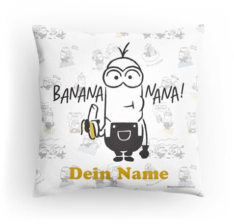 PICANOVA Minions Kissen mit Name - Personalisiertes Premium Kopfkissen mit Füllung - Kuschelkissen Zierkissen 40x40cm - Text individuell Bedruckt - Schlaf- und Wohnzimmertauglich -Minions Bello