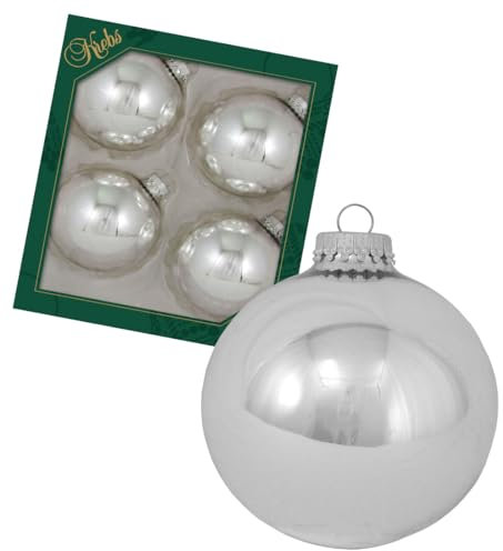 Krebs Glas Lauscha - Christbaumschmuck/Christbaumkugeln - Box mit 4 Glanz-Silberne Kugeln aus Glas in Einer Größe von 8cm