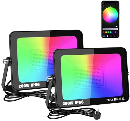 RIGIDON 2x 200W RGB LED Strahler APP-Steuerung, 20000LM RGBW Farbwechsel Flutlicht, Smart Dimmbar Timer Bunt Fluter Lampe Für Party Garten Baum Landschaft, Disco Feiern, Außen/Innen Wasserdicht IP66