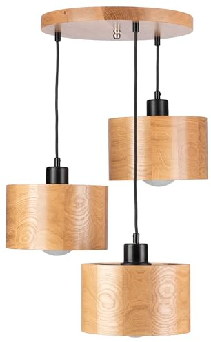 STOLARNIA PIKA Wohnzimmerlampe Holz - Rund Modern Holzlampe 3xE27 - Eiche Pendelleuchte - Natur Lampe für Esszimmer, Wohnzimmer, Küche, Schlafzimmer, Flur - Stilvolles Design Eichenholz ANTILIA