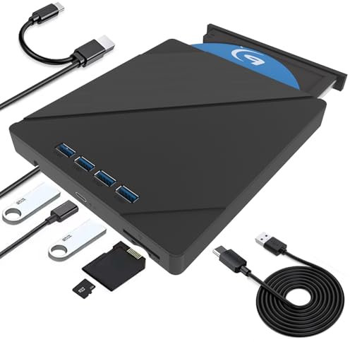 Custom Catch Lecteur Blu-Ray Externe Multifonction 8 en 1, Lecteur Blu-Ray USB 3.0 et Lecteur DVD/BD de Type C, graveur Blu-Ray, Lecteur Blu-Ray Portable Fin pour Ordinateur Portable, PC