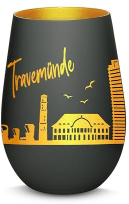 Gravur-Max Windlicht mit 360° Gravur Skyline Travemünde Deko Glaslicht als tolles Geschenk mit Einer hochwertigen Lasergravur zu jedem Anlass in der Farbe Schwarz/Gold