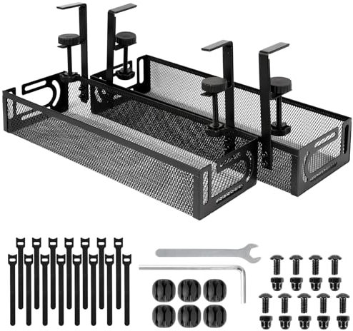 Under Desk Cable Management Tray 2 Pack - No Drill Metal Mesh Cable Management Under Desk with Side Opening Design & Clamp Mount, Wire Organizer for Home Office Black