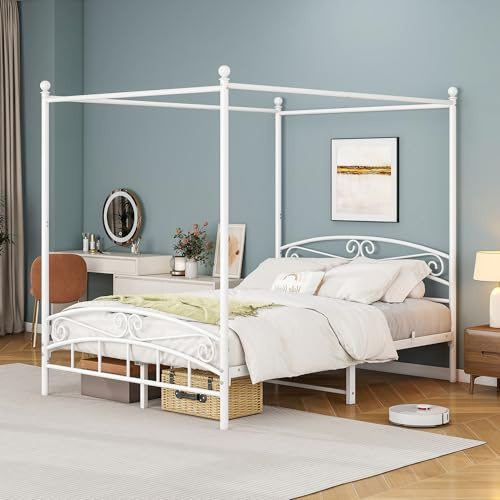 JELUTE Telaio per letto a baldacchino con testiera e pediera in stile europeo ornato, in acciaio robusto, si adatta perfettamente al materasso, facile montaggio fai da te, tutte le parti incluse