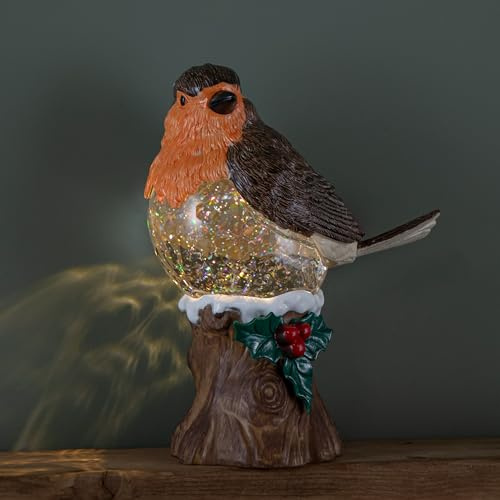 26cm Battery Operated Light up Christmas Robin Water Spinner with Warm White LEDs