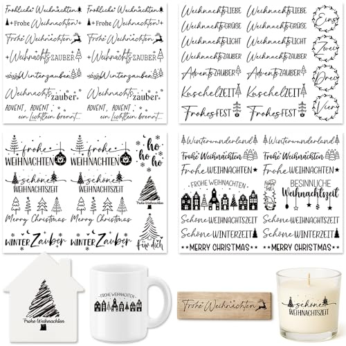 Farbeele 4 Stück Rub On Sticker, UV Transferaufkleber Folie 19x14cm für Glas, Holz, Karten, Scrapbooking, DIY Handarbeiten, Basteln, Geschenkidee, Wohndeko, Party Deko （Weihnachten Ⅰ）