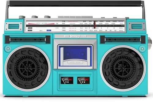 Boombox Lecteur cassette Bluetooth rétro avec radio FM/DAB + et enregistrement USB, stéréo portable style années 80 pour réunions de famille et voyages (haut-parleur en maille collée (vert)