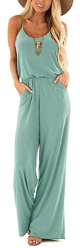 LEEDYA Women Summer Casual Jumpsuits Loose Sleeveless One Piece Jumpsuit Spaghetti Strap Boho Wide Leg Rompers with Pockets