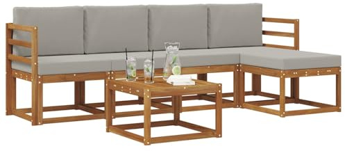 vidaXL Outdoor-Sofagarnitur mit Kissen 6 pcs Natürlich und Hellgrau, Gartenlounge-Set, Moderne Akazien-Couch, strapazierfähiges Outdoor-Sofa, stylische Terrassenmöbel