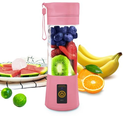 Portable Blender 380ml, Mini Blender for Shake and Smoothies, Portable for Travel and Picnic, Small Blender With 6 Blades Fruit Juicer Cup (Pink)