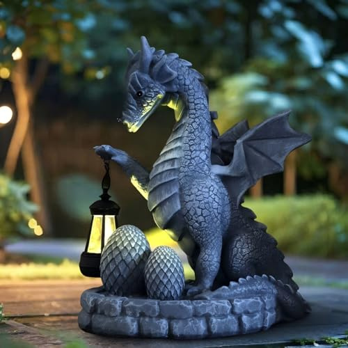FIYSON Solar Drachen Figuren Gartendeko, Drachen Ornamente für Draußen mit LED-Solarlaternen, Lustig Dragons Deko Garten, wasserdichte Kunstharz Dekofigur Für Hof Rasen Terrasse (Stil 9)