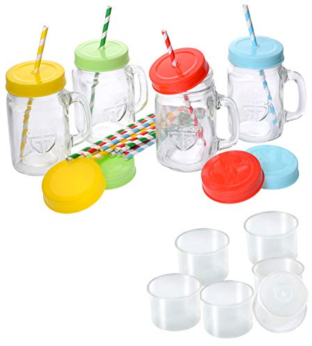 GRÄWE Trinkglas mit Deckel und Strohalm inkl. 6 Becher, 4er Pack Trinkgläser mit Schraubverschluss, Henkel, 4 Stück Henkelgläser Set, farbig - 450 ml