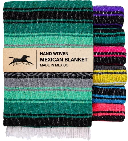 El Paso Designs Mexican Yoga Blanket | Colorful Falsa Serape | Park Blanket, Yoga Towel, Picnic, Beach Blanket, Patio Blanket, Soft Woven Saddle Blanket, Boho Home Décor (Teal, Gray and Mint)