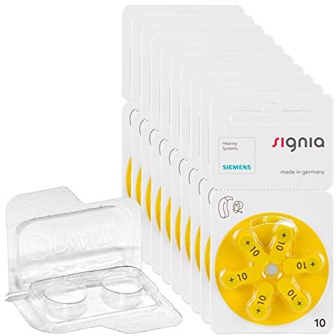 60x Signia Gr. 10 Hörgerätebatterien, 10x6er Blister PR70 Gelb 24610 + EWANTO Aufbewahrungsbox f. 2 Batterien (10, 13, 312, 675), transparente Batteriebox für Knopfzellen < Ø 12 mm x H 6 mm