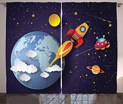 ABAKUHAUS Platz Rustikaler Gardine, Rakete Erde Sterne UFO, Schlafzimmer Kräuselband Vorhang mit Schlaufen und Haken, 280 x 175 cm, Nachtblau