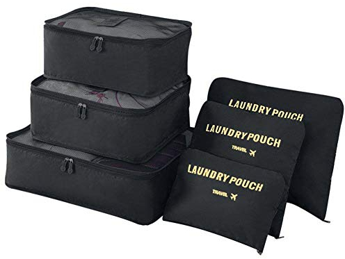 Vicloon Gepäck Organizer, 6-in-1-Set Koffer Organizer Umfassen 3 * Packwürfel und 3 * Aufbewahrungsbeutel, Reise Kleidertaschen für trockene Kleidung, Unterwäsche, Kosmetik und Andere Zubehör(Schwarz)